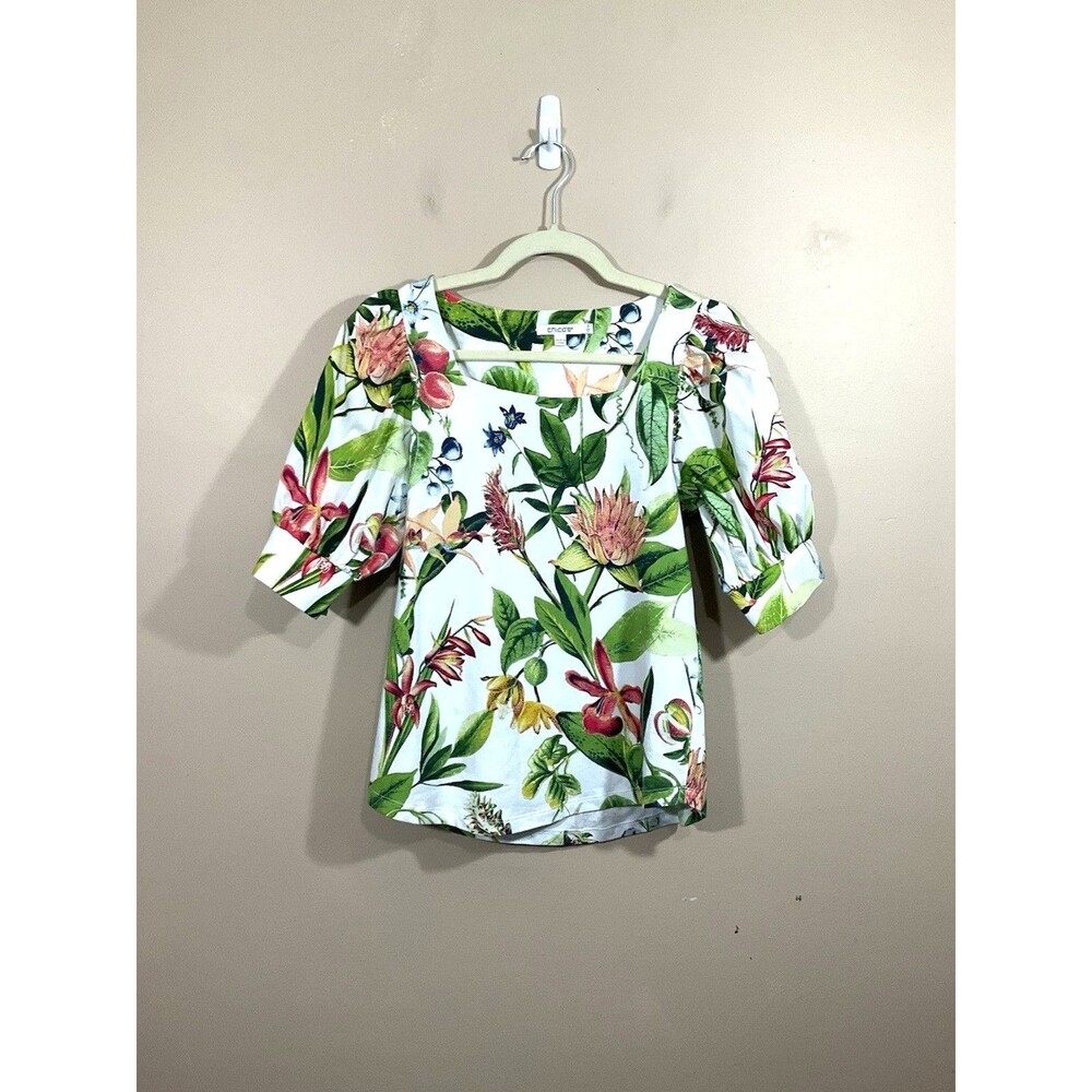 Chicos Womens Fruit Floral Square Neck Shirt White Size 0 S/4 Tropical Hawaiian